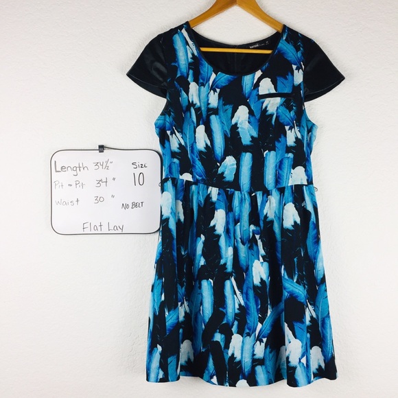 KENSIE Falling Leaves Dress Fall Blue Black Multi Feather Print Cap Sleeve 10 - Picture 8 of 12